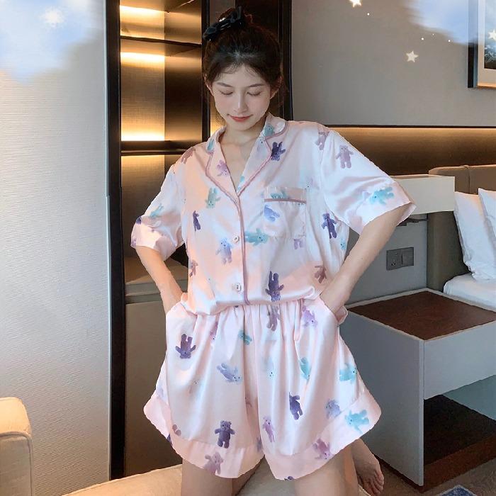 Летняя новинка, женская милая атласная шелковая пижама с цветочным принтом, короткий рукав + брюки, женская шелковая милая домашняя одежда, повседневная одежда