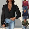 Women Spring Autumn Lace Splice Long Sleeve V Neck Solid Color Romper T Shirt Blouse Top