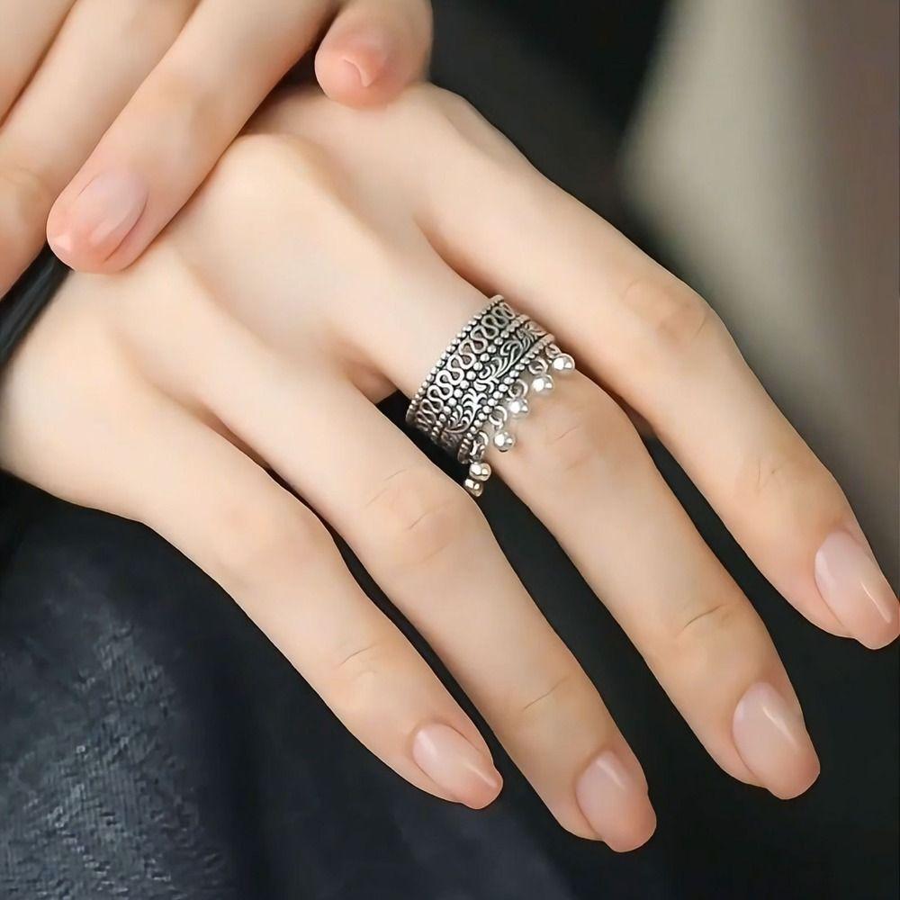 Hollow Out Ethnic Style Ring Thai Silver Irregular Opening Ring Vintage Ring Gifts for Women Girl