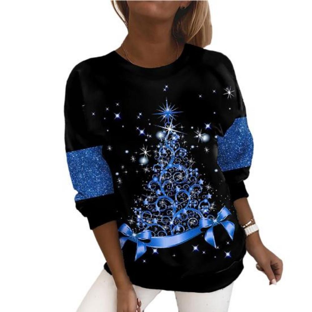 Christmas Women Sweatshirt Designer Round Neck Long Sleeve Loose Casual Christmas Tree Design Interesting Graphic Print Top