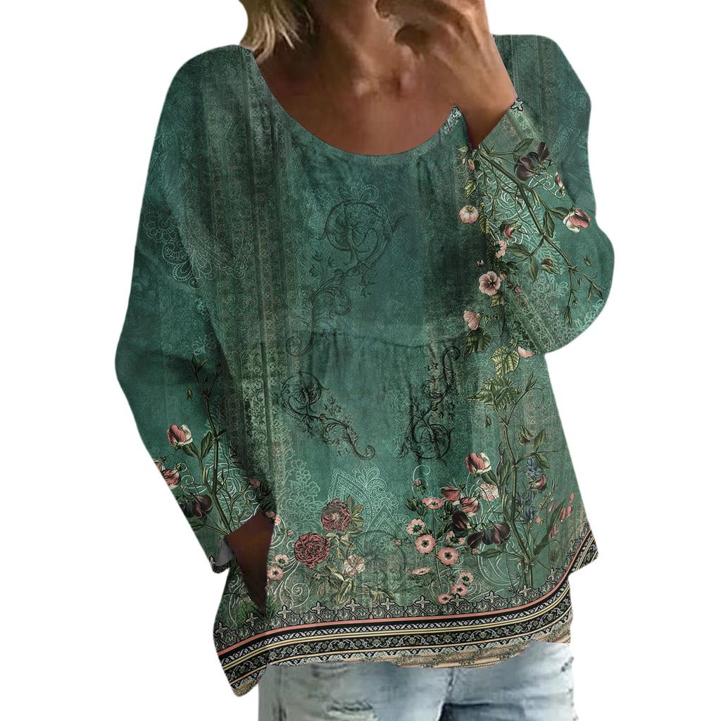 Women's Casual Fashion Loose Round Neck Retro Print Long Sleeve Top