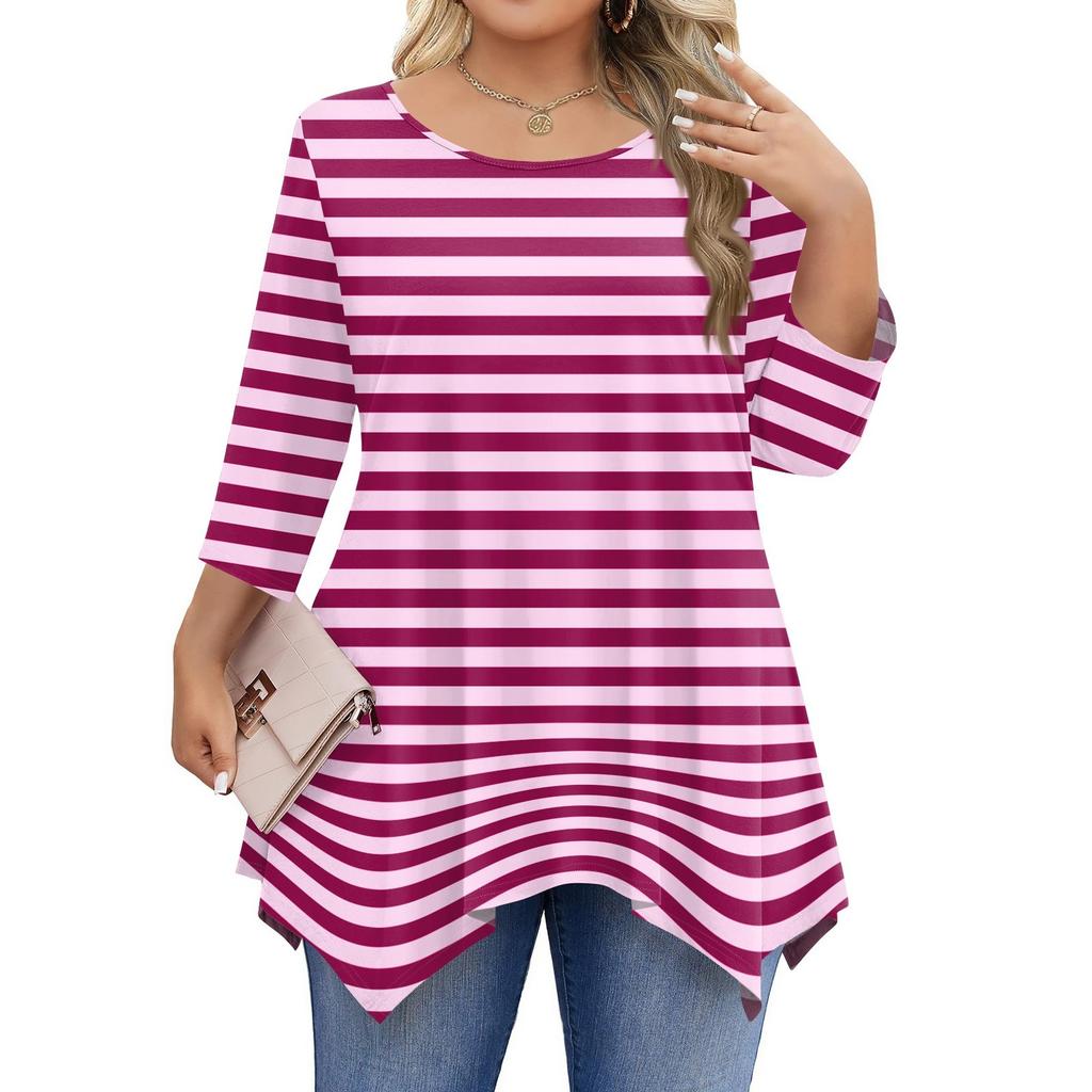Womens Plus Size 3/4 Sleeve Shirts Round Neck Tunic Tops Basic Loose Fit Tee Tops L-5XL