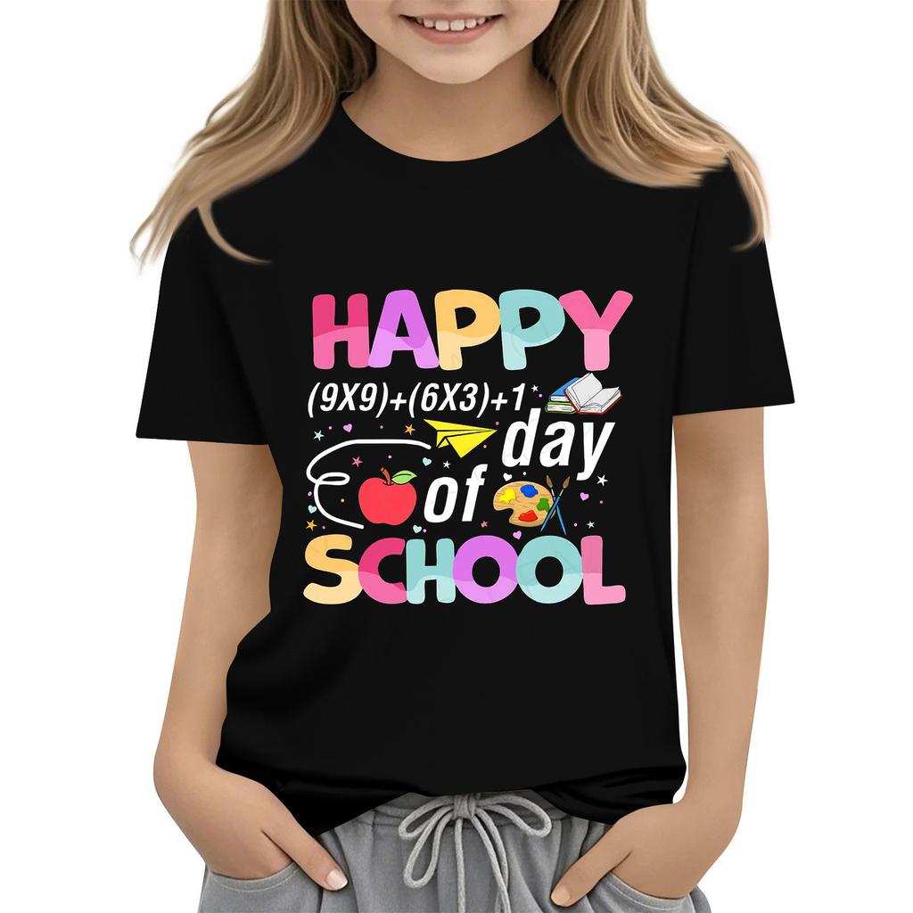 Kids Fashion Casual Short Sleeve 100 Day School Anniversary Printed Round Neck T-Shirt Top