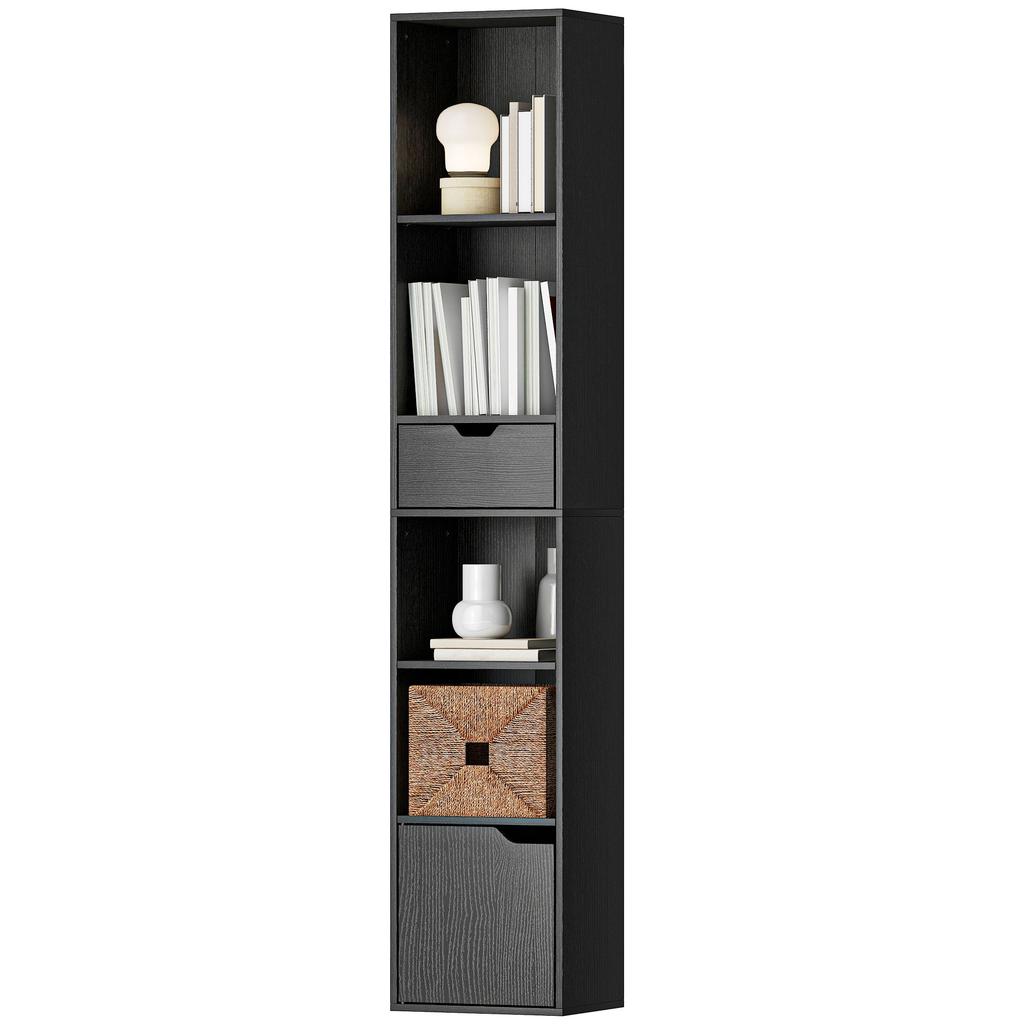 6 Tier Bookcase Tall Narrow Bookshelf With Drawer And Door Black