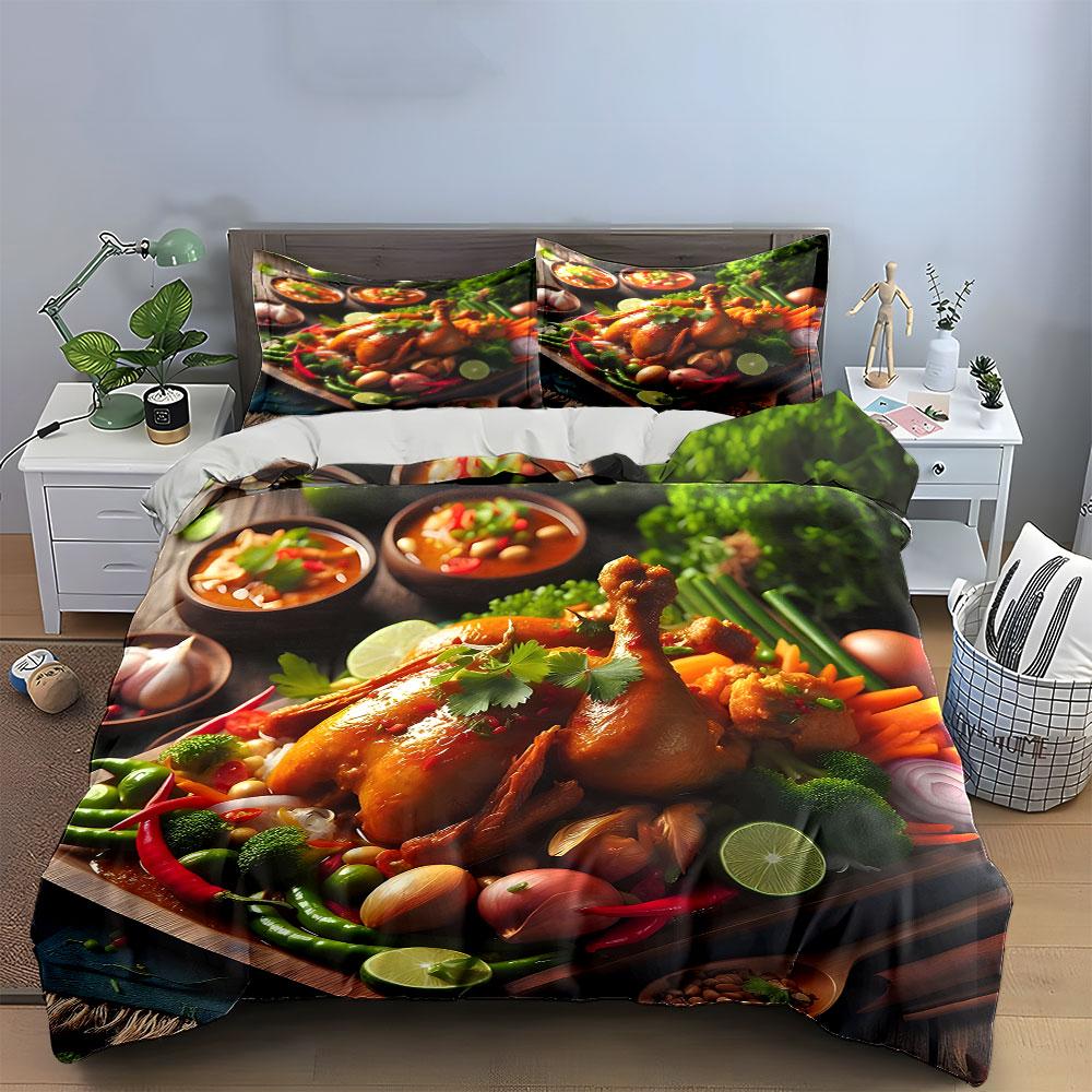 Roast Chicken Pattern Bedding Set Pillowcases and Duvet Cover (1 Duvet Cover, 2 Pillowcases, No Filling)
