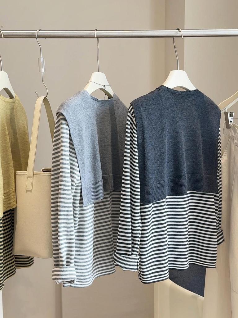 Autumn 2025 Women's Japanese-Korean Color Block Striped Knit Cardigan Two-Piece Set