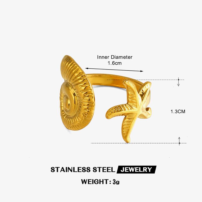 Stainless Steel Conch Starfish Open Ring for Women Exquisite Retro Shell Finger Ring Beach Holiday Casual Versatile Jewelry Gift