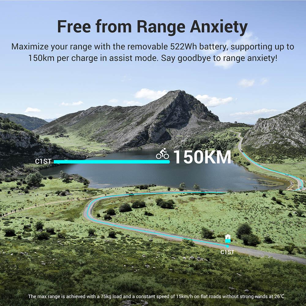 Велосипед для треккинга Eleglide C1 ST с двигателем Mid-Drive мощностью 250 Вт, колесами 27,5 дюймов, аккумулятором емкостью 522 Вт·ч, запасом хода 150 км
