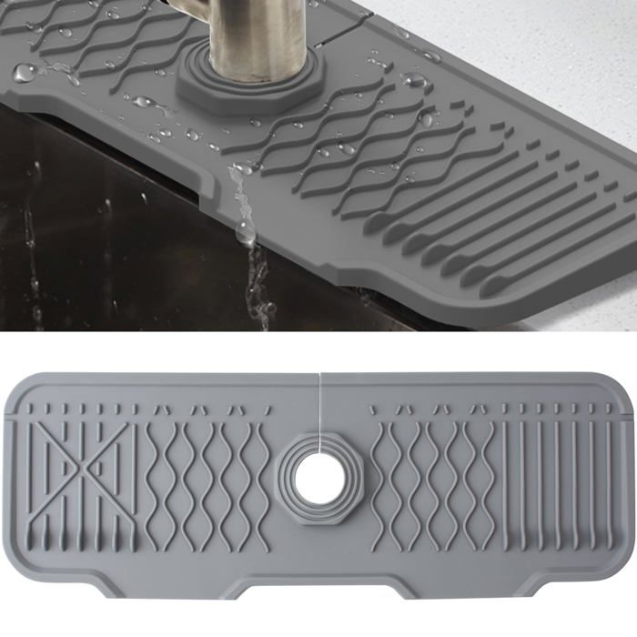 Tapis d'évier - AIMOONSA - 43,3x15 cm - Silicone alimentaire - Anti‑éclaboussures - Trou 3,1–5,5 cm - Gris