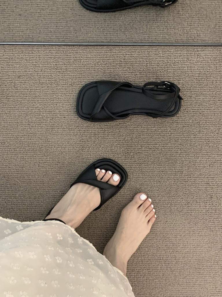 Fairy milky white open-toed sandals female flat-soled soft-soled vacation shoes