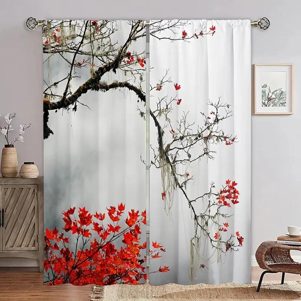 2pcs Japanese Cherry Blossom Moon Minimalist Curtains for Living Room Bedroom Modern Window Decor