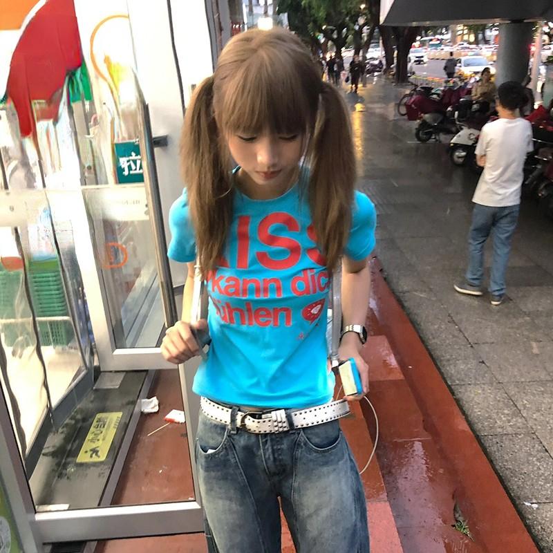 Japanese Y2k Letter Print T-shirt Trashy 2000s Style Crop Top Vintage Harajuku Short Sleeve Tee Shirt American Retro 90s