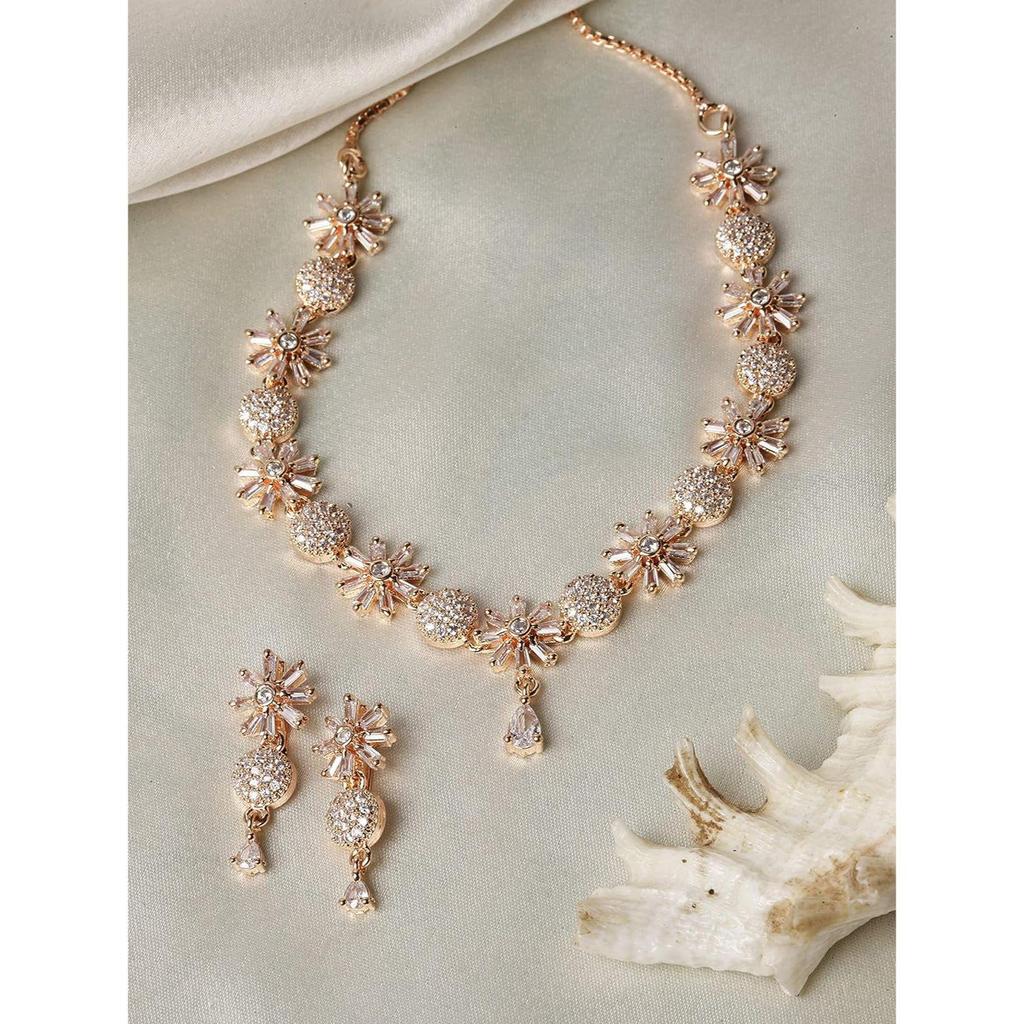 ZENEME Rhodium Plated Silver Toned White American Diamond Studded Necklace