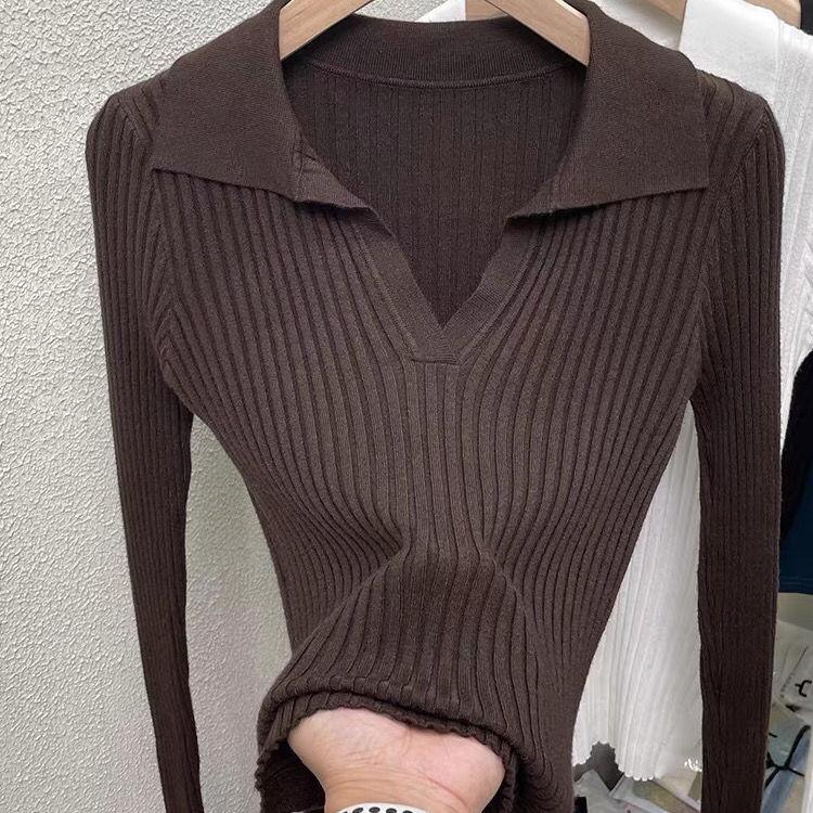 Autumn/winter Knitted T-shirt Women's Pullover Knit Sweater V-neck Polo Shirt Top Knitted Undershirt Women's Stretch Skinny Sweater Undershirt