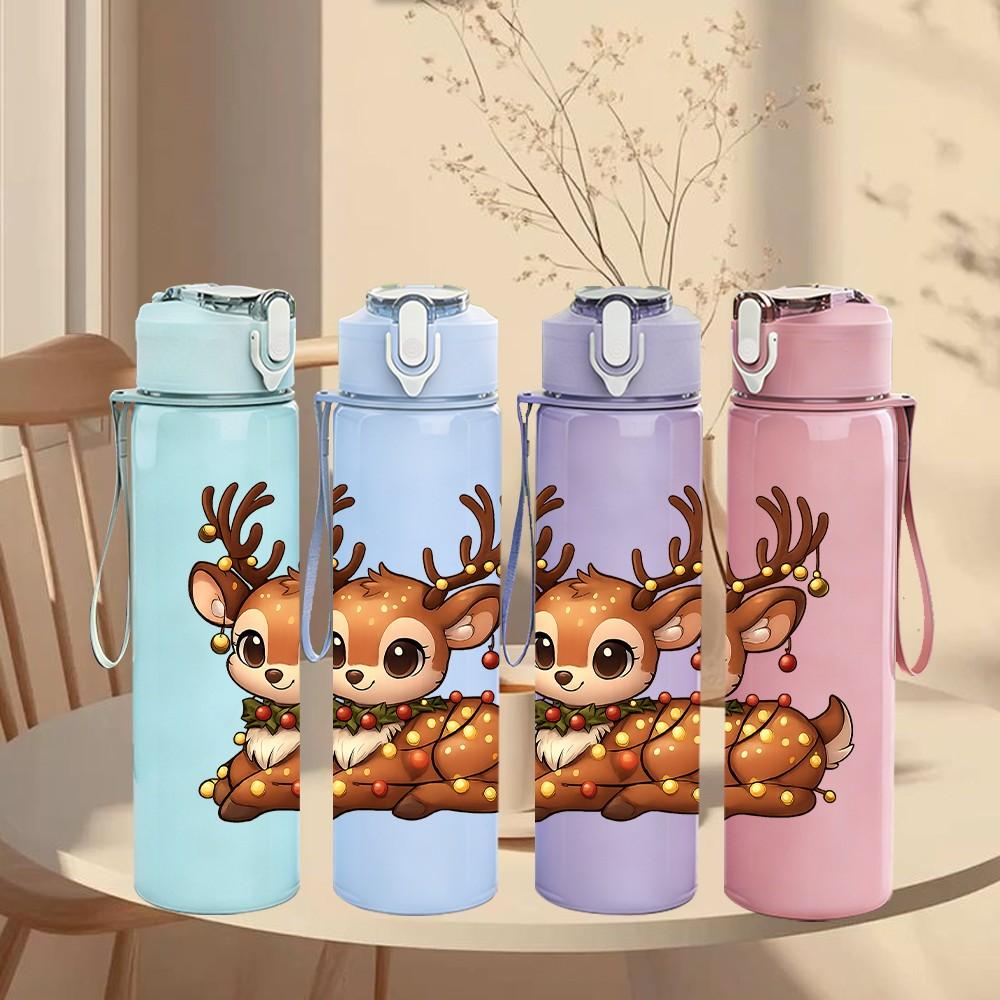 1PC Christmas Cute Deer 750ml Color Plastic Sports Water Bottle Leakproof Flip Straw Lid Suitable for Sports Office Home Use