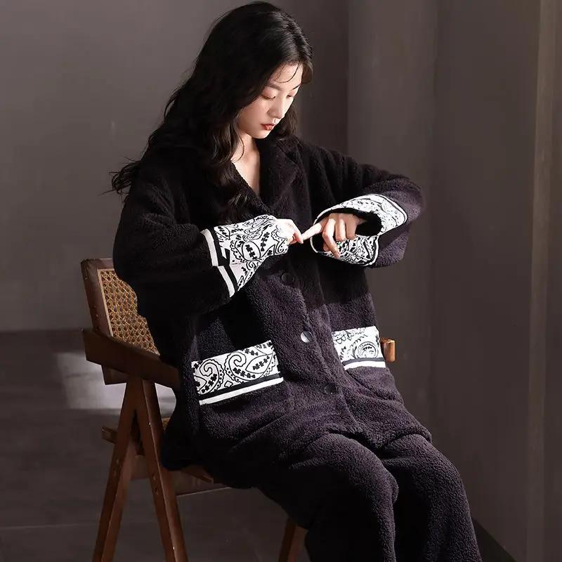 Новый коралловый бархатный осенне-зимний фланелевый термокостюм для дома, зимняя свободная мягкая пижама для женщин, дополнительный флис и более плотный