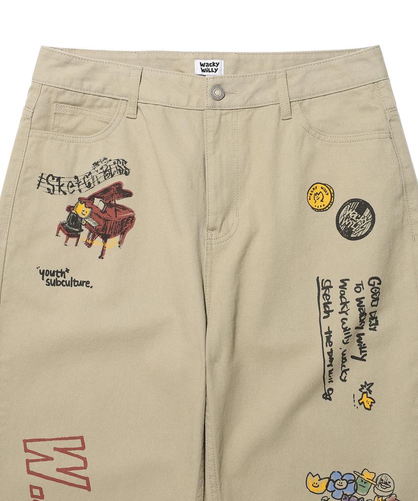 WACKY WILLY Straight Graphic Denim Pants Beige