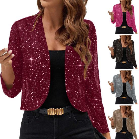 Women Sparkly Cardigan Coat 3/4 Sleeve Open Front Sequin Tops Sexy Golden Bling Coat Casual Holiday Party Outfit