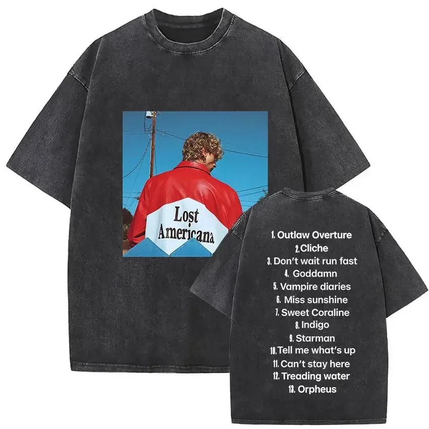 Short Sleeved Round Neck Y2k Tshirt Men Clothing New In Top Tees Mens Tshirt Camisetas Vintage Washed Mgk Lost Tour 2025 Print