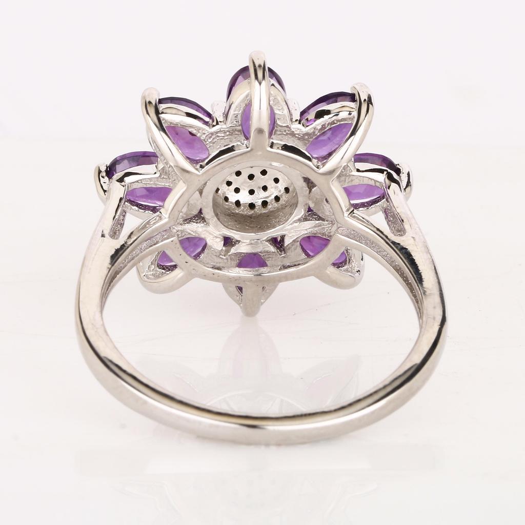 Amethyst Flower Ring, 925 Sterling Silver Black Spinel Cluster Statement Floral Jewelry