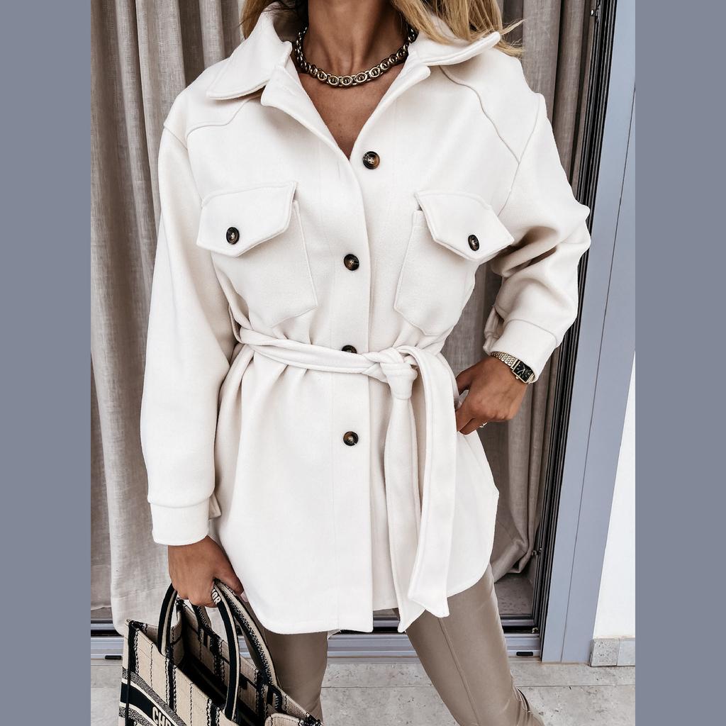 Осень и Зима Лацкан Однобортный Утолщенный Однотонный Рубашка Женская Шерстяная Свободная Куртка Шерстяная Женская Шерстяная Куртка