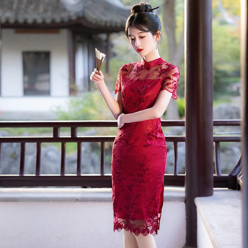 Fashion embroidery medium and long pink new Chinese style summer new improved national style cheongsam young dress skirt