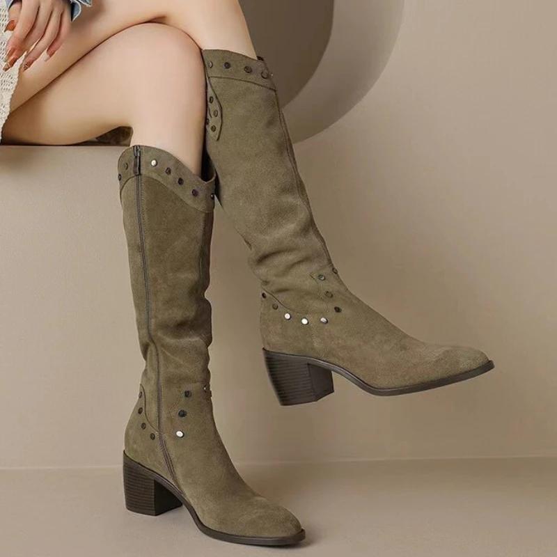 Fashion 2024 New Pointed Toe Chunky Low Heel Knee High Ladies Western Boots Woman Fashion Rivet Long Boots Retro Classic Women's Shoes