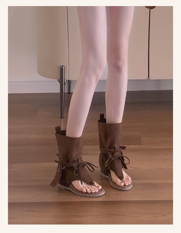 Винтажные универсальные ботильоны с круглым носком и бахромой на каблуке, с открытым носком, крутые нишевые западные ботинки, ремешок, носок "елочка", римские сандалии женские