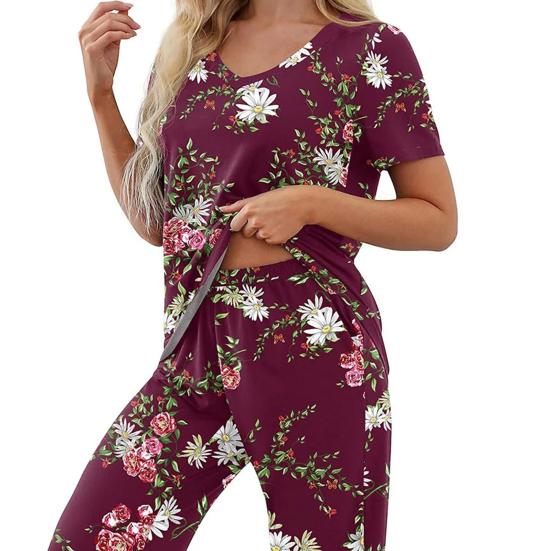 2 шт./комплект, женская летняя пижама с цветочным принтом, V-образный вырез, короткий рукав, рубашка, эластичный пояс, укороченные брюки, домашняя одежда, повседневный наряд, весенняя одежда для сна