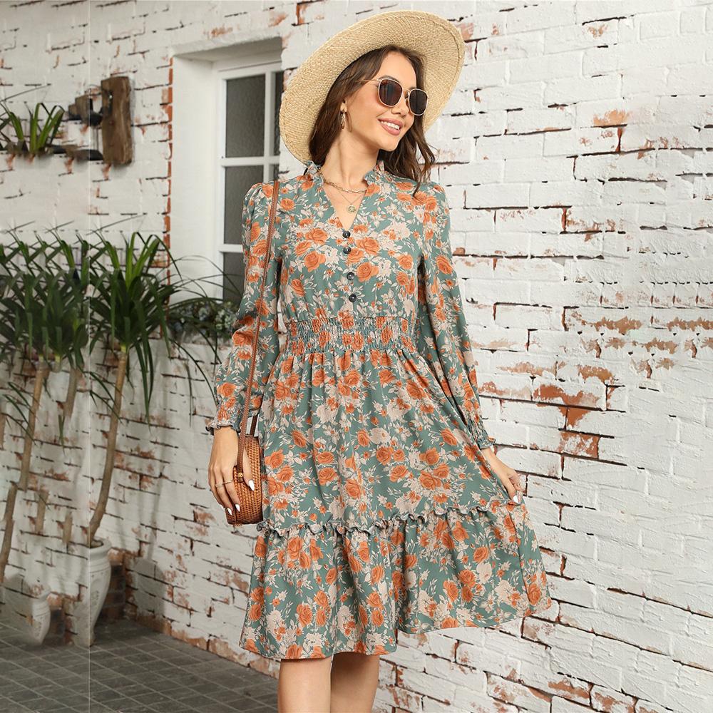 Осень-зима женское элегантное повседневное платье трапециевидной формы длиной до колена с высокой талией и длинным рукавом с принтом