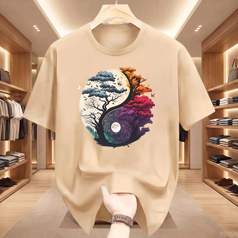 Yinyang Natureinspired Pattern Loose Tshirt Tree Design Moon And Flying Birds Printed Tshirts Nature Lovers And Outdoor Tops
