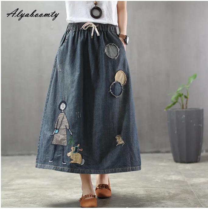 Японская мори девушка, весна-осень, женская джинсовая юбка трапециевидной формы с высокой талией, винтажная юбка с мультяшной аппликацией, элегантная рваная шикарная юбка