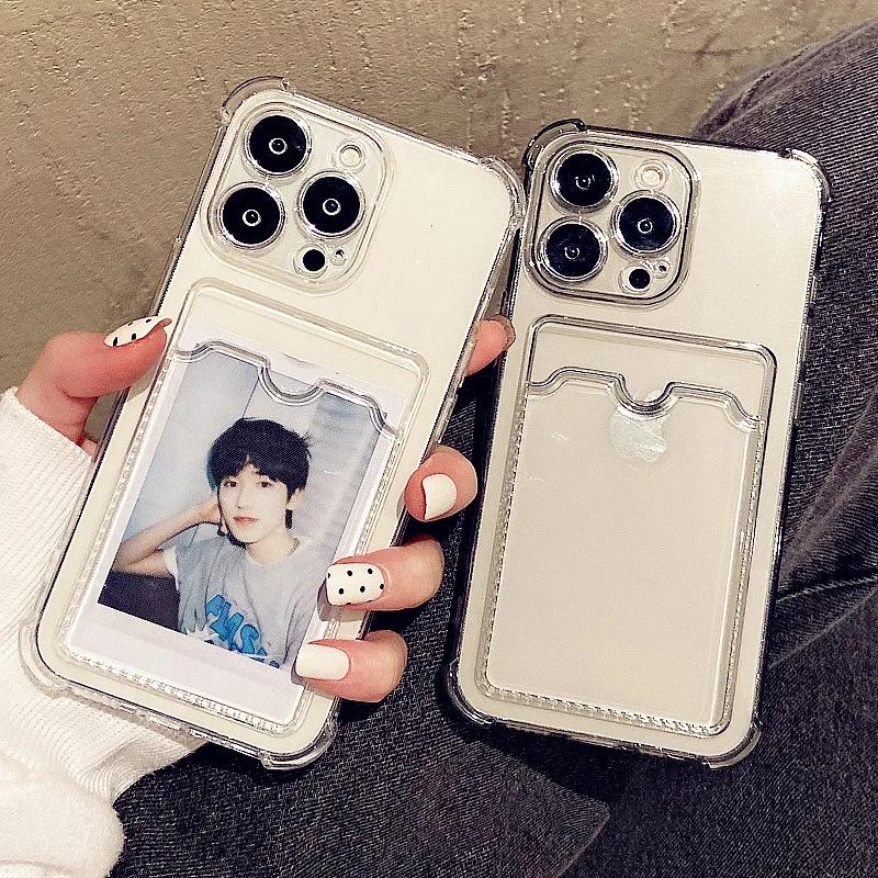 Прозрачный чехол-держатель для сумки с отделением для карт для iPhone 14 13 11 12 15 Pro Max Mini X XR XS 7 8 Plus, прозрачный противоударный мягкий чехол-кошелек