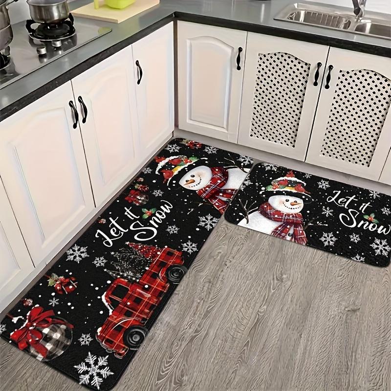 Classic Christmas Kitchen Rug Set Non Slip Washable Snowman Red Plaid Truck Snowflake Runner Holiday Decor