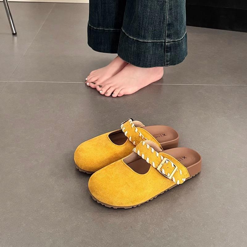 Half Slippers Women's Outer Wear Spring and Summer New Belt Buckle Bag Head Lazy One Pedal Slippers Platform Shoes