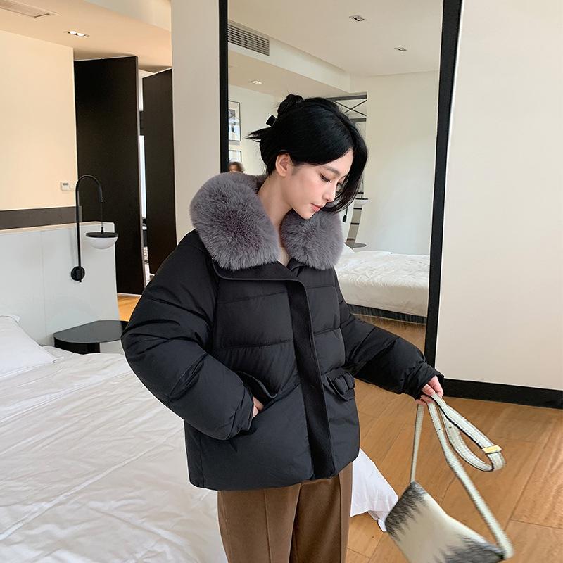 Женское короткое утепленное пальто с лацканами и большим меховым воротником, новое зимнее теплое хлопковое пальто свободного кроя