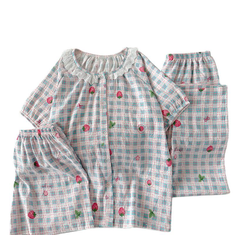 Cute Strawberry Pajamas Women'S Summer Short-Sleeved Cloud Cotton Round Neck Lace Loungewear Three-Piece Set