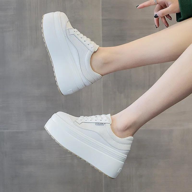 Мода 8см Новые Холщовые Натуральная Кожа Женские Розовые Модные Кроссовки Платформа Обувь Клиновидный Скрытый Каблук Женские Летние Смешанный Цвет Вулканизированные