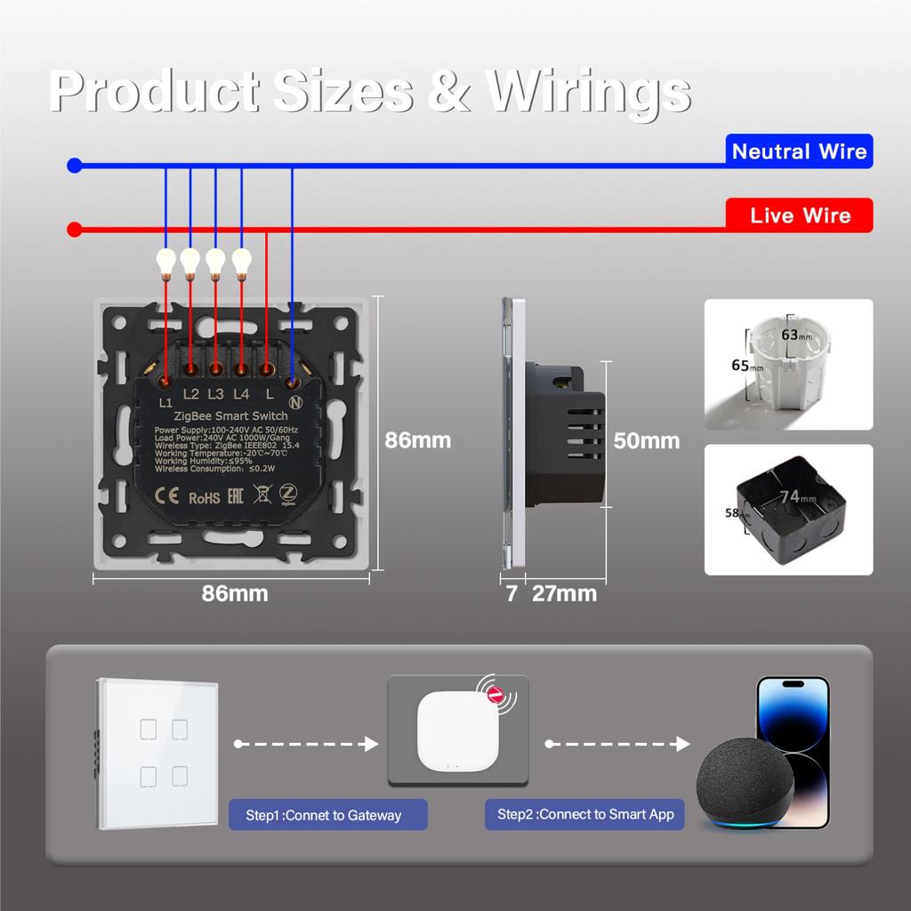 BSEED 1/2/3/4-клавишный Zigbee сенсорный выключатель Стеклянный умный настенный выключатель Сенсорный экран Управление подсветкой Aleax Приложение Smart Life Серия E