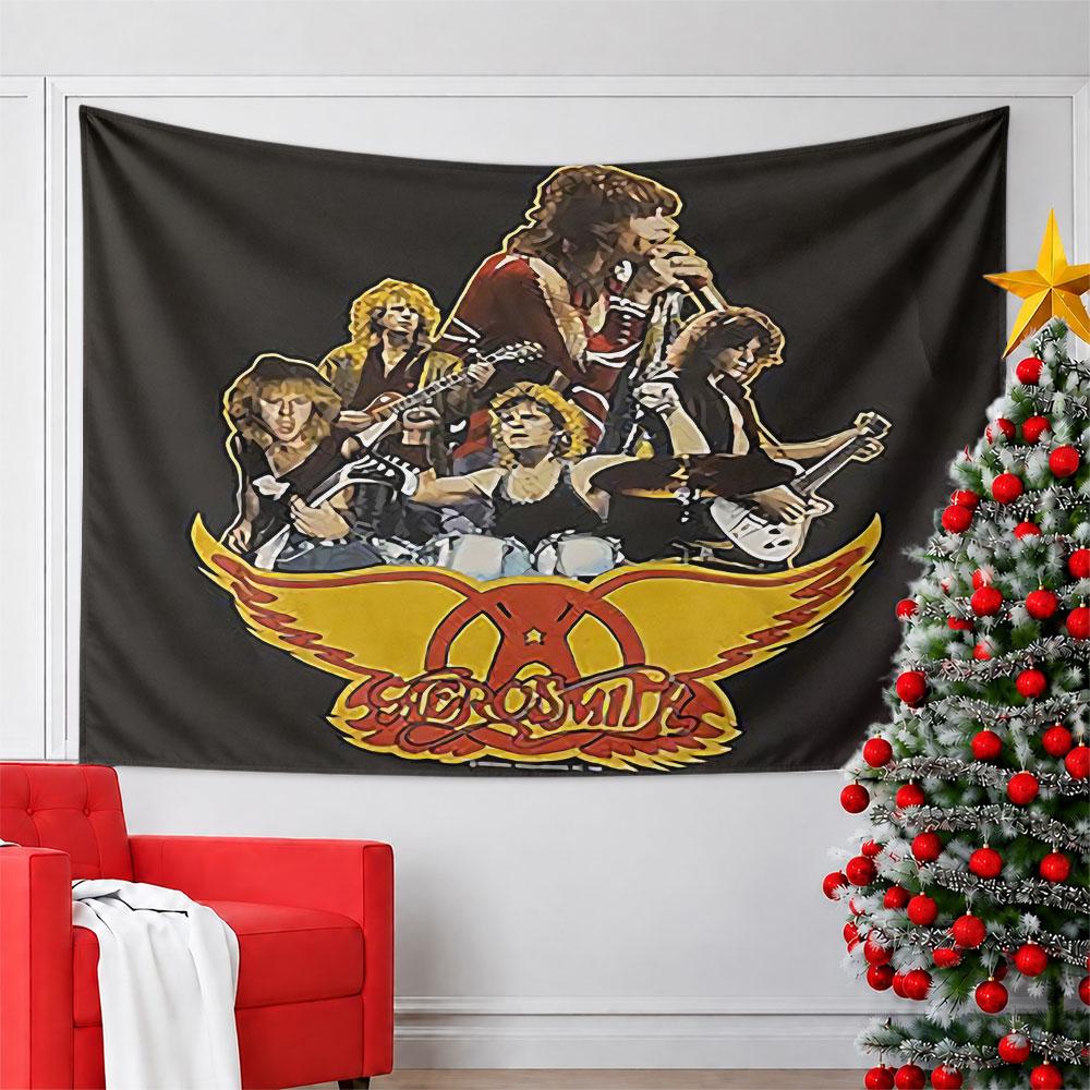 A band collage above a red-yellow winged logo with text below. Patterned tapestry for bedroom and living room home decor