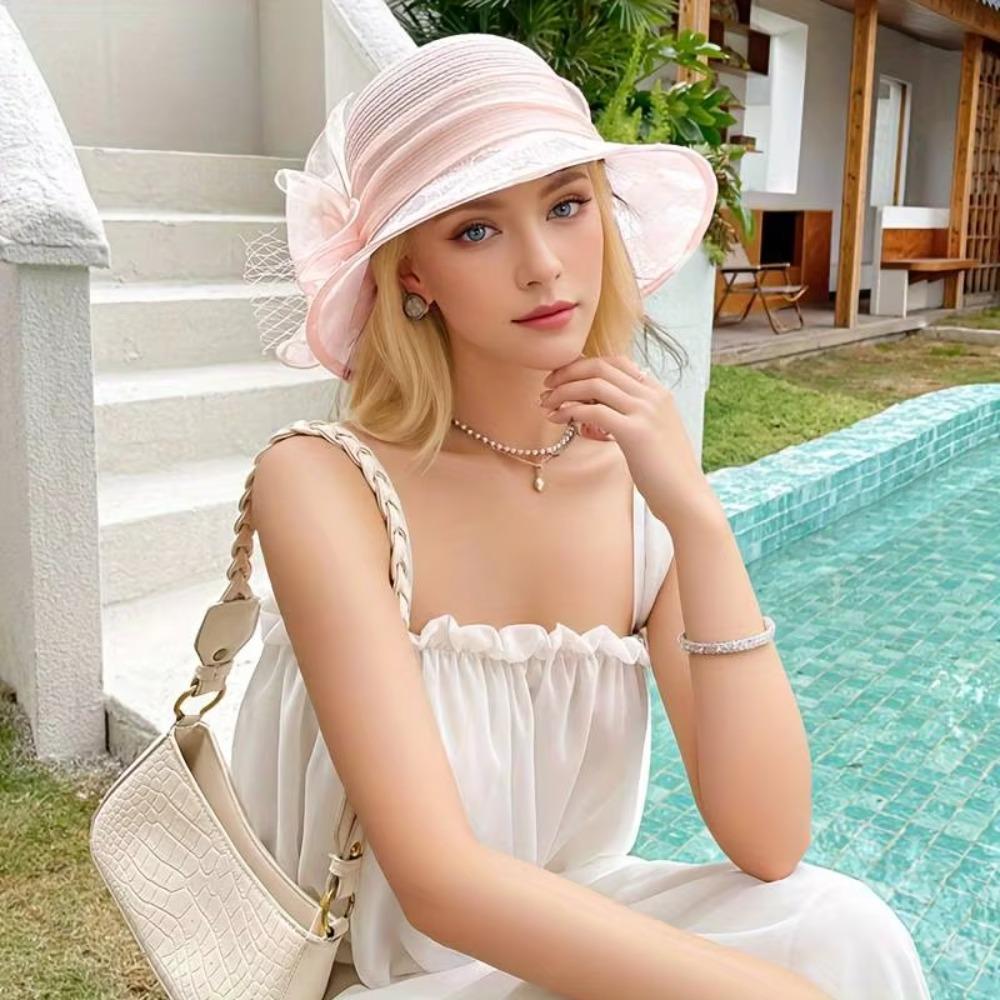 Дышащая Свадебная Шляпа для Чаепития Широкополая Пляжная Шляпа Элегантная Шляпа из Органзы Лето