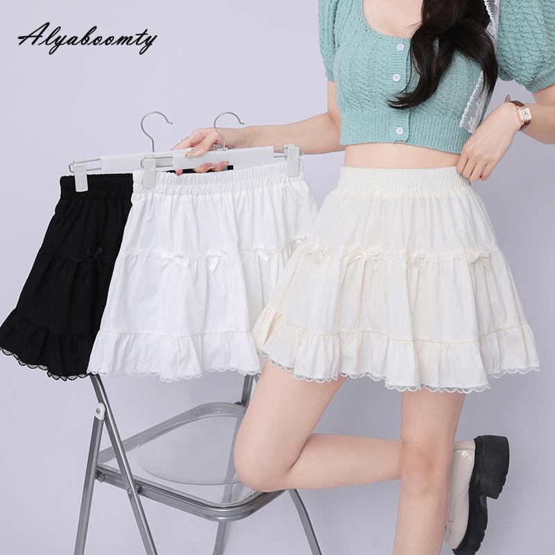 Летнее женское бальное платье в стиле Лолиты, мини-юбка с высокой талией, белая, абрикосовая, черная, с бантом, многоуровневая юбка, милые короткие юбки для девочек Kawaii