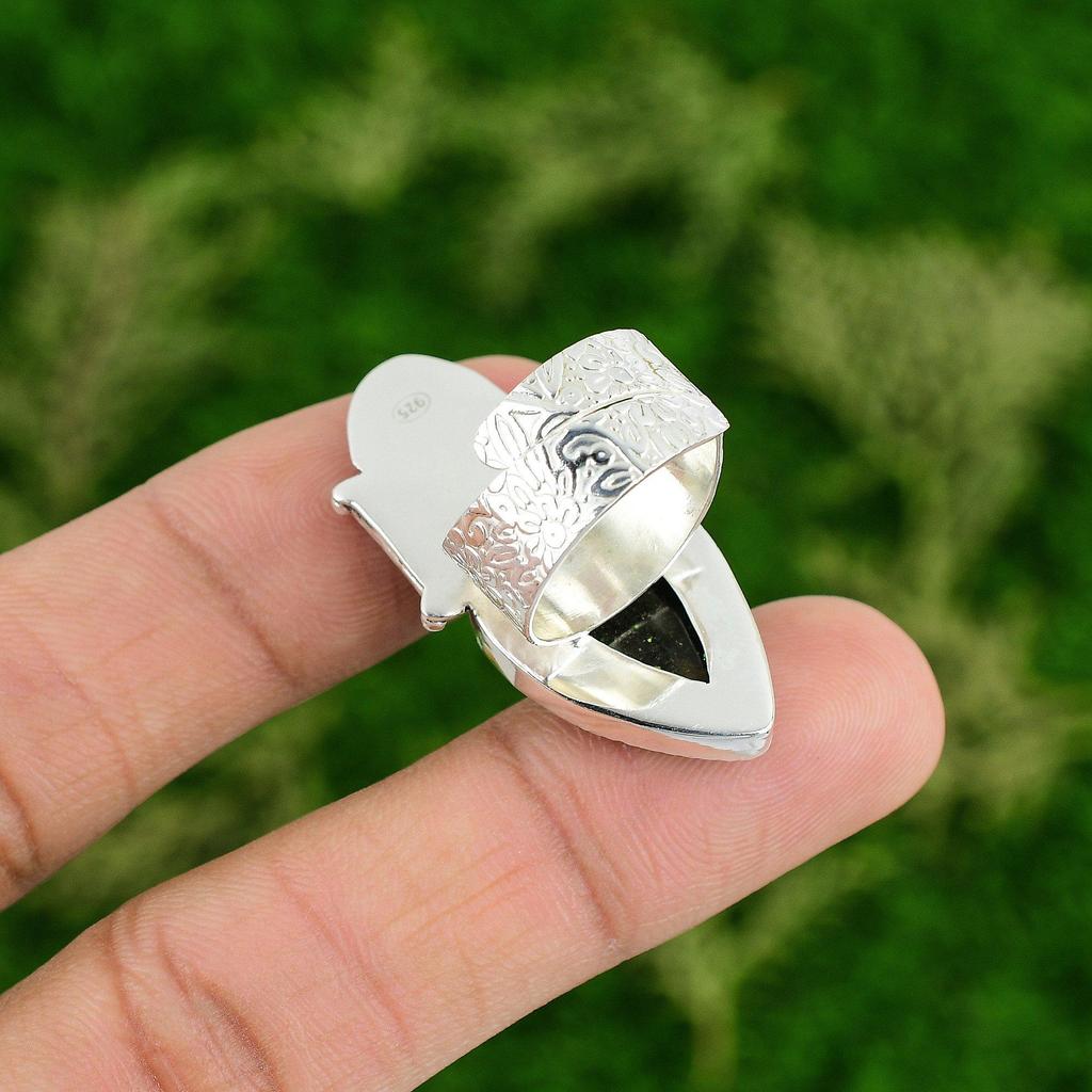 925 Silver Natural Green Sunstone Stackable Skull And Bone Adjustable Ring