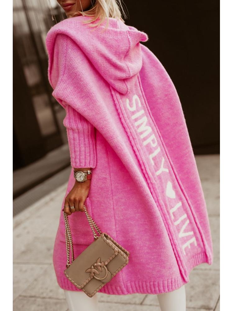 Осенне-зимний длинный кардиган с капюшоном, отложным воротником и вязаным узором с буквами