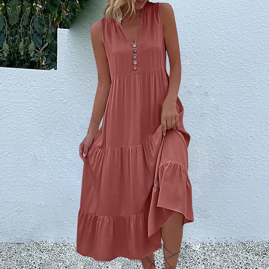 Women's Fashion Sleeveless Pleated Loose V-Neck Mid-Length Solid Colour Dresses