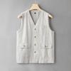 Casual Men Loose Linen Cotton Vest Japanese Retro Sold Color Multiple Pockets Workwear Sleeveless Top V-neck for Male
