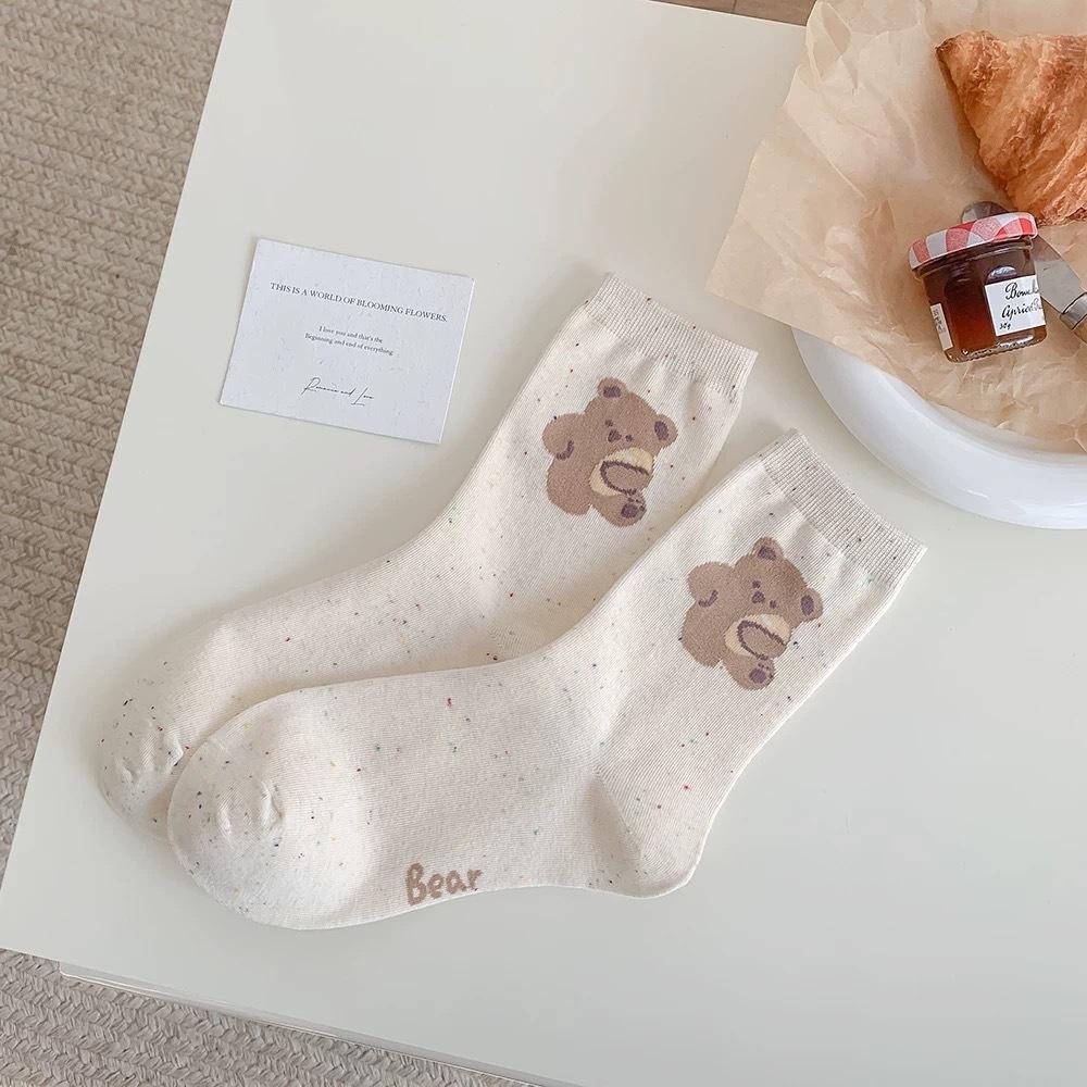 Women's Summer Socks Cute Cartoon Japanese Style Little Bear Cotton Sweat-Absorbent Mid-Calf Casual Three-Dimensional Ears