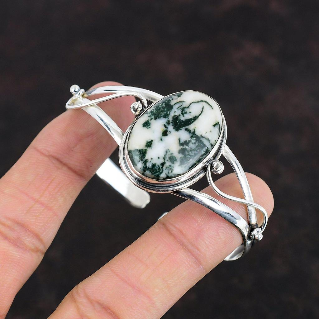 Браслет с драгоценным камнем Tree Agate, ювелирные изделия ручной работы, браслет-манжета из стерлингового серебра 925 пробы, регулируемый браслет, подарки на годовщину, серебряные ювелирные изделия Tree Agate