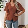 Женские модные повседневные летние весенние однотонные блузки и рубашки с v-образным вырезом и короткими рукавами с принтом