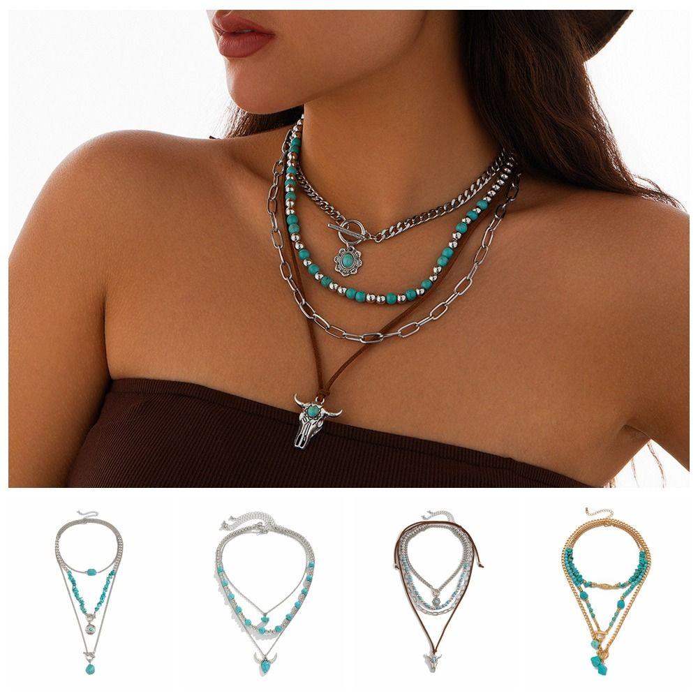 1 SET Ethnic Style Multilayer Turquoise Necklace Stacked Bohemian Style Clavicle Chain Girls
